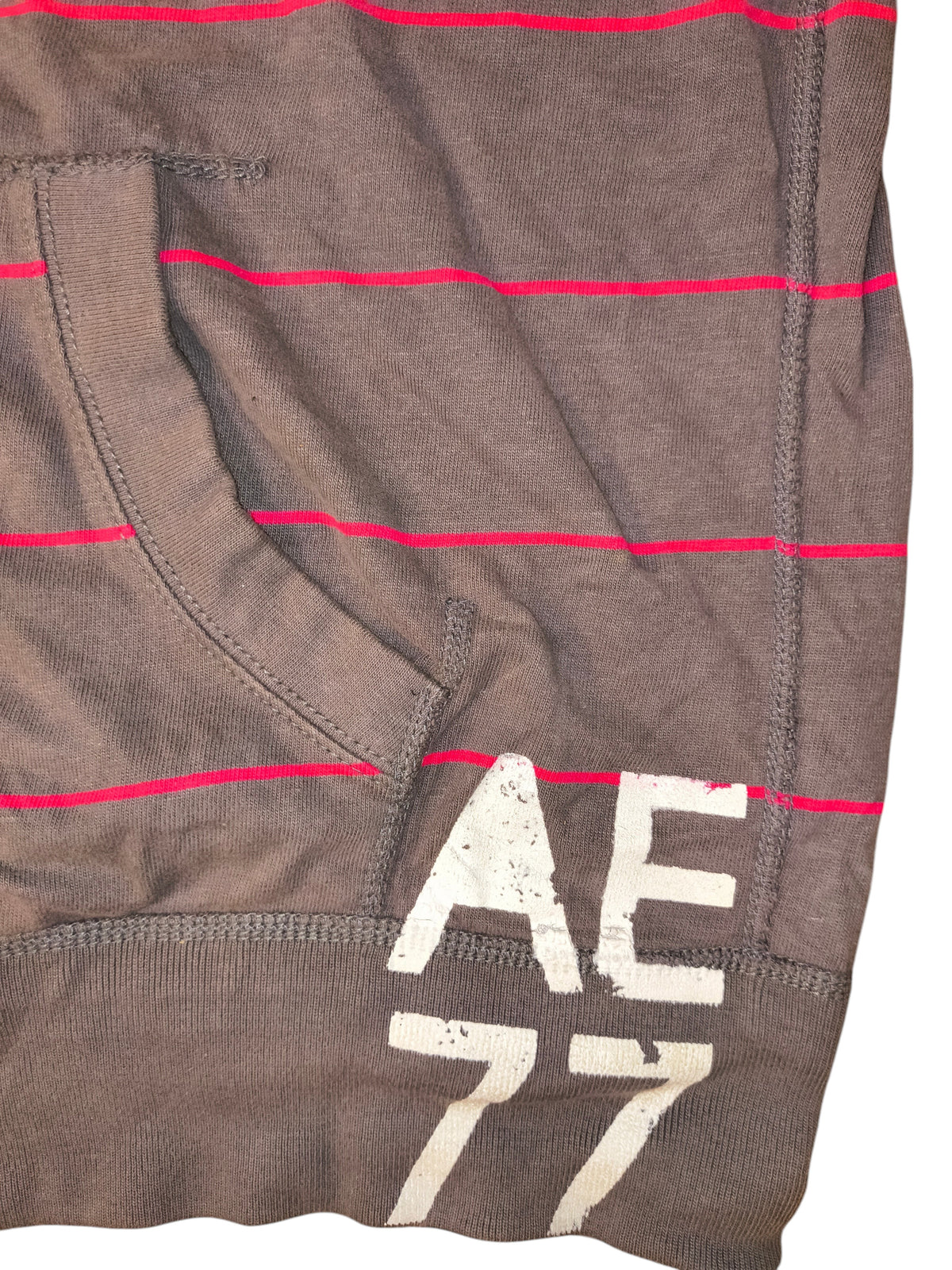 Awsum Thrift American Eagle Outfitters brown cotton hoodie with neon pink stripes and white AE 77 collegiate graphic