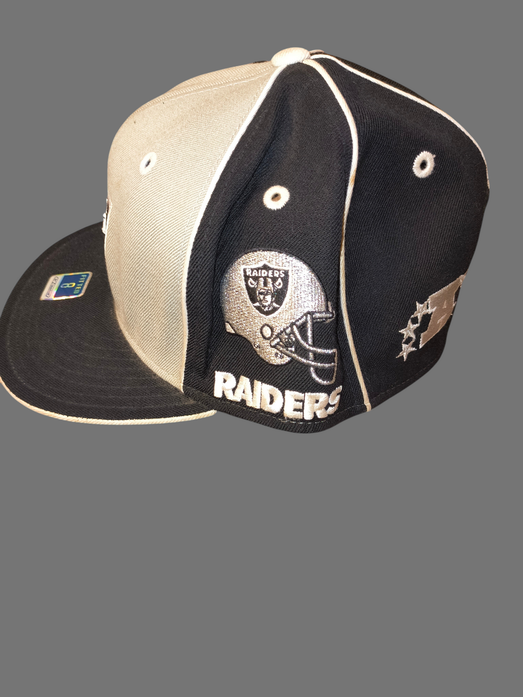 Awsum Thrift vintage Reebok Raiders wool fitted hat with embroidered helmet logo and team graphics in black and grey