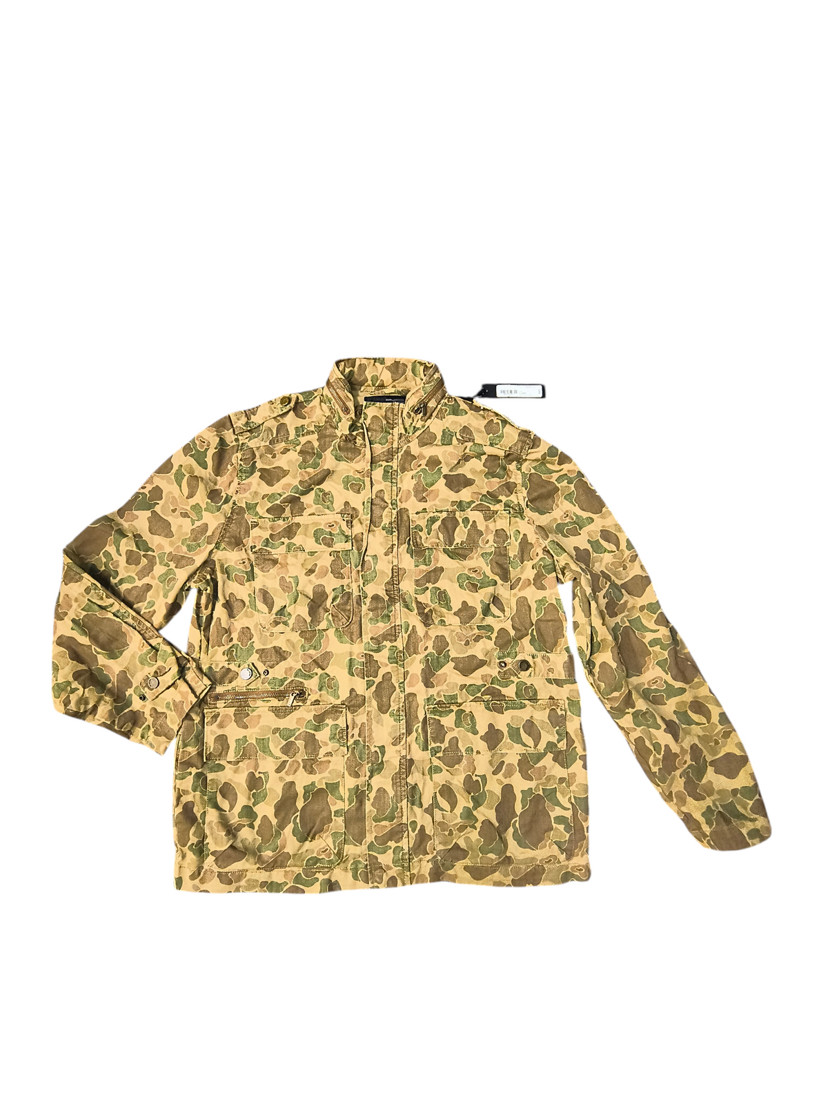 Awsum Thrift William Rast men's duck hunter camo field jacket with utility pockets, epaulets, and zip-up front.