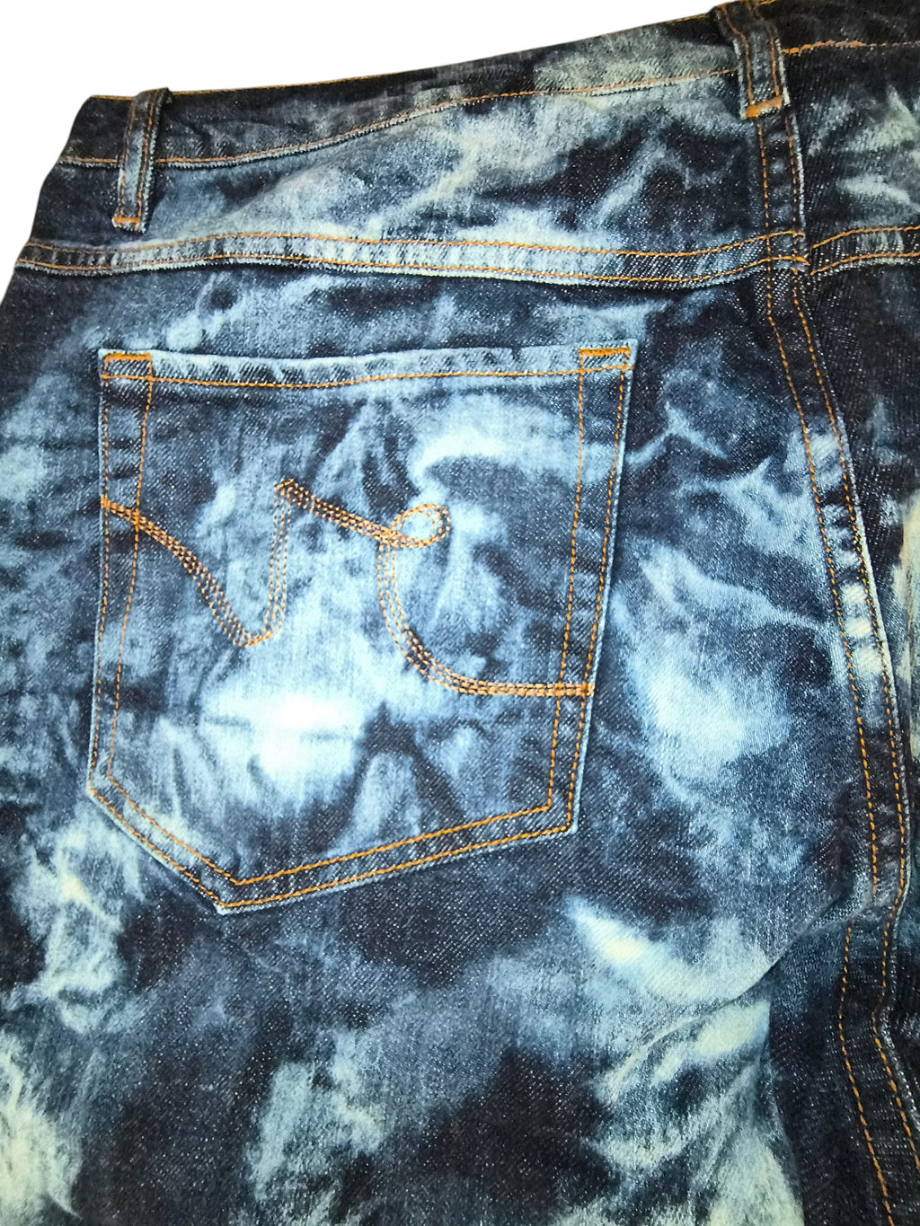Awsum Thrift Rocksmith NYC men's straight jeans featuring a dark indigo and bleached tie-dye cloud wash back pocket.
