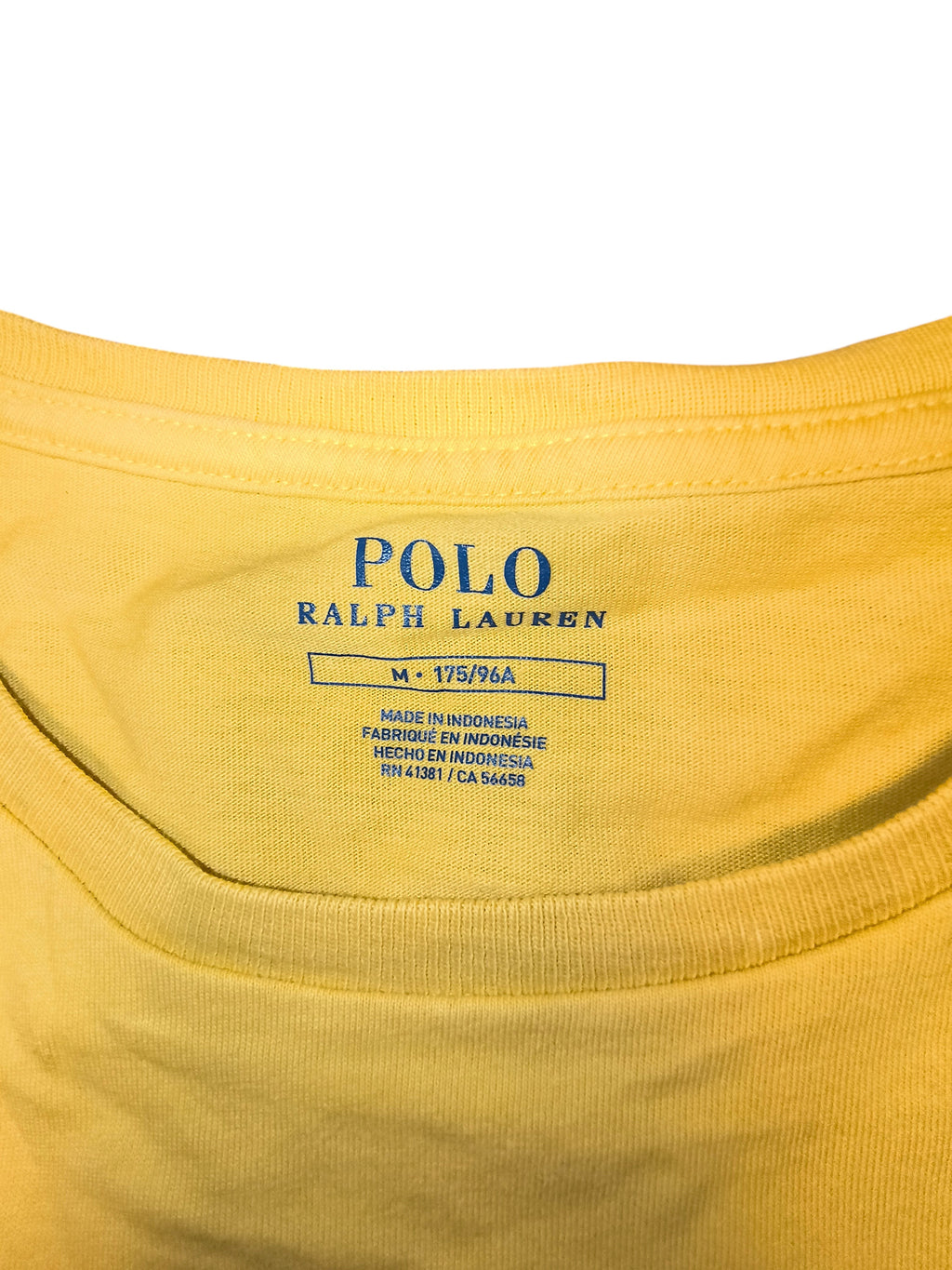 Awsum Thrift yellow Polo Ralph Lauren t-shirt interior neck label showing size M and manufacturing details