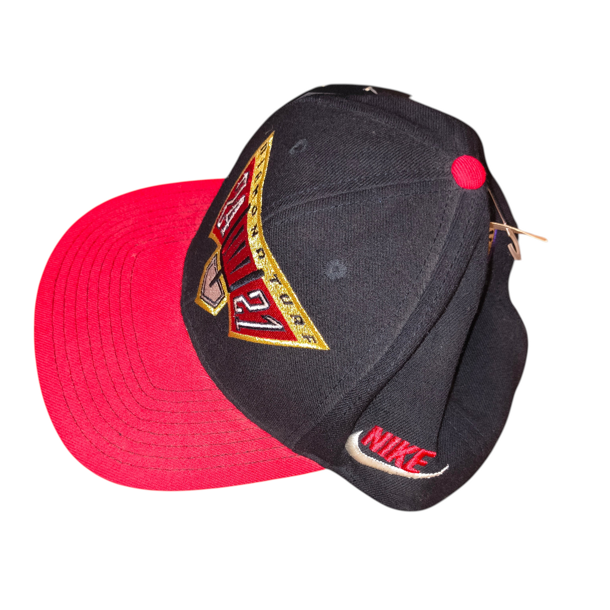 Awsum Thrift vintage 1993 Nike Deion Sanders Diamond Turf wool snapback hat with black crown and red flat brim.