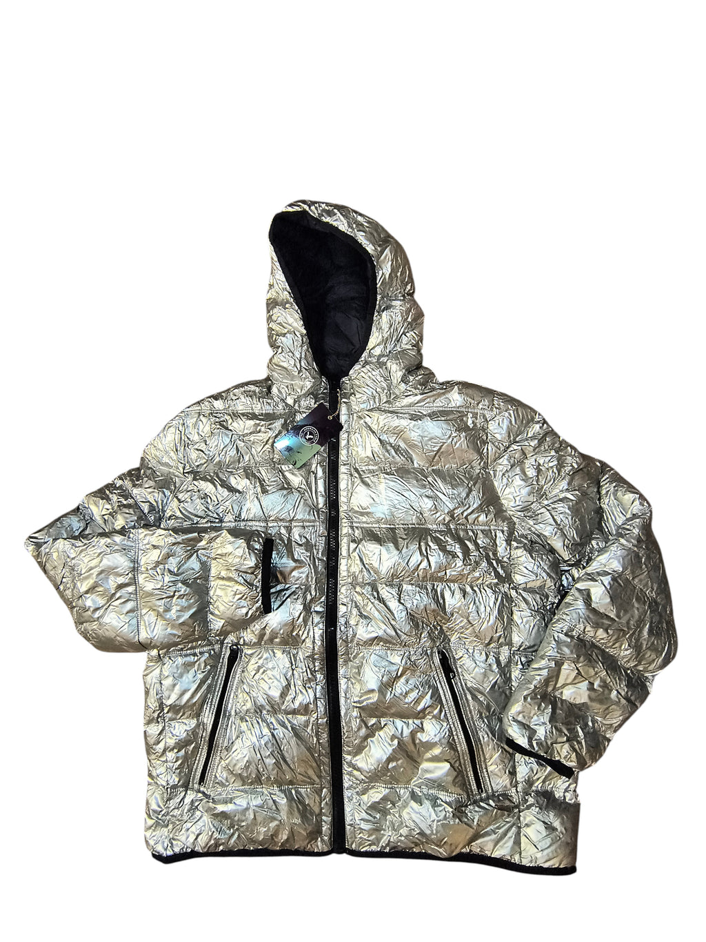 Awsum Thrift American Eagle metallic silver foil hooded puffer jacket with down insulation and quilted design.