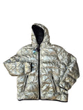 Awsum Thrift American Eagle metallic silver foil hooded puffer jacket with down insulation and quilted design.