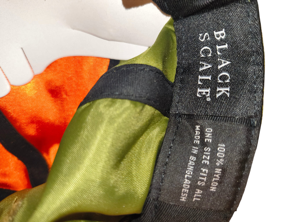 Awsum Thrift Black Scale nylon snapback hat interior with olive green satin lining and emergency orange panel