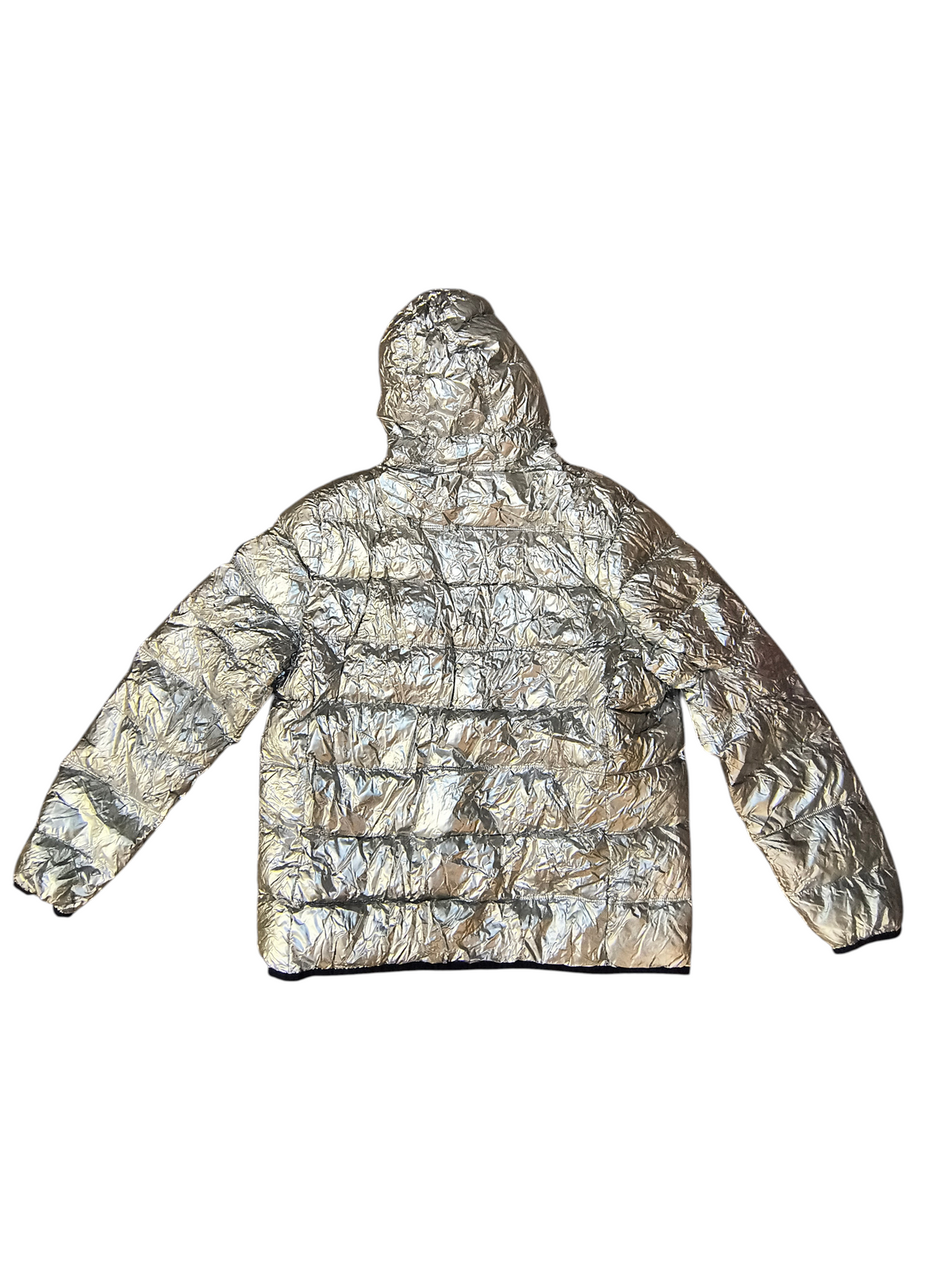 Awsum Thrift American Eagle metallic silver foil hooded down puffer jacket, back view of quilted reflective shell.
