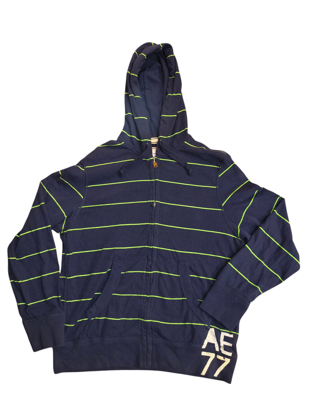 Awsum Thrift American Eagle Outfitters navy blue and neon green striped cotton full-zip hoodie with AE 77 graphic