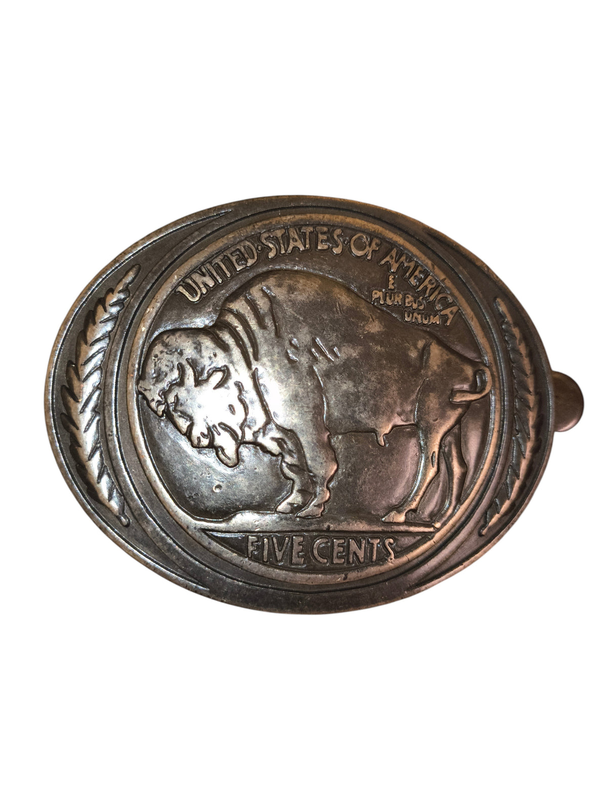 Awsum Thrift vintage Eddie Bauer belt buckle featuring an antiqued silver-tone US Buffalo Nickel coin design
