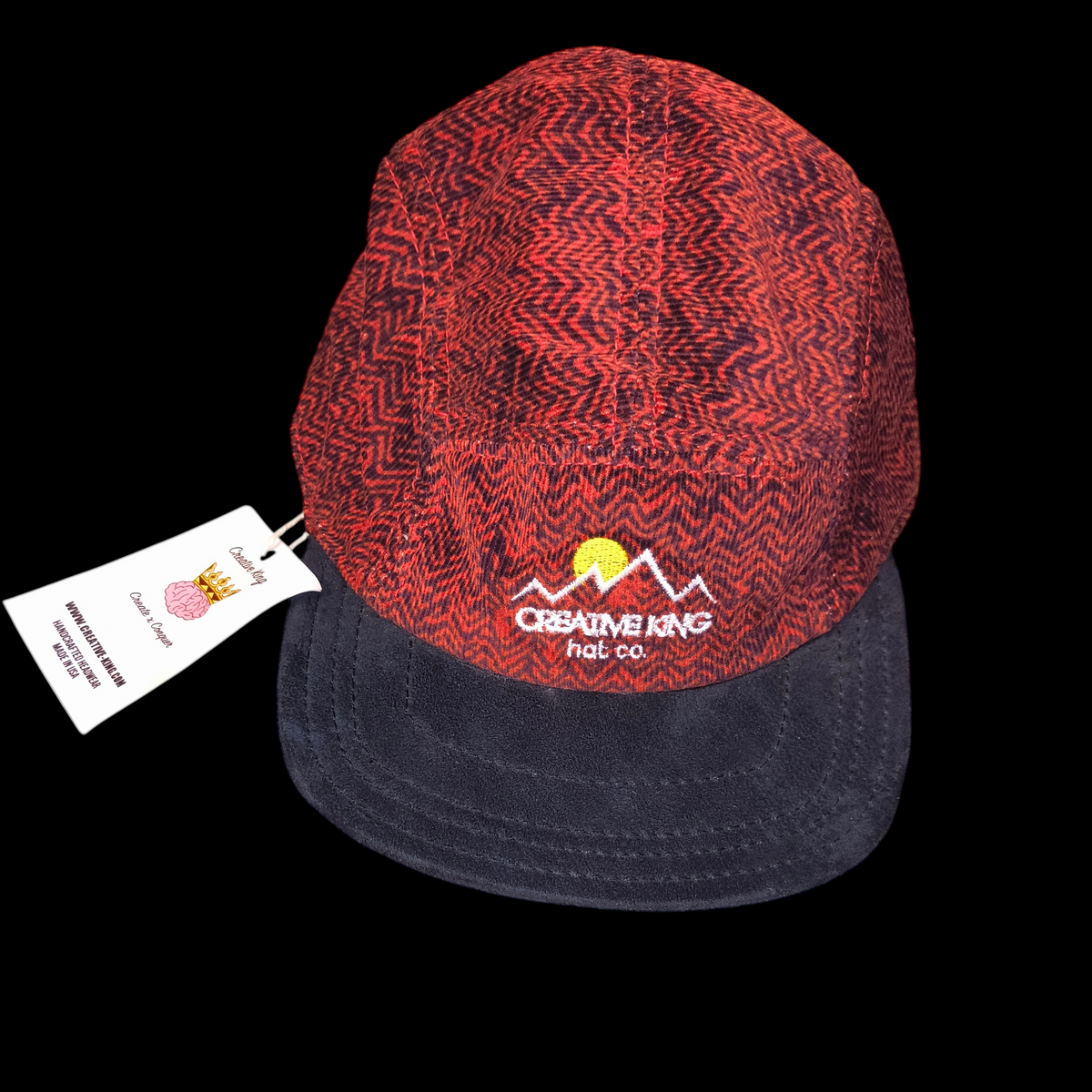 Awsum Thrift Creative King Hat Co. 5-panel chevron print camper hat with black brim and mountain logo embroidery.