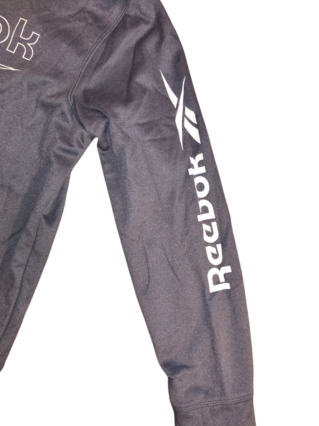 Awsum Thrift Reebok heather gray performance hoodie with white logo print on the left sleeve