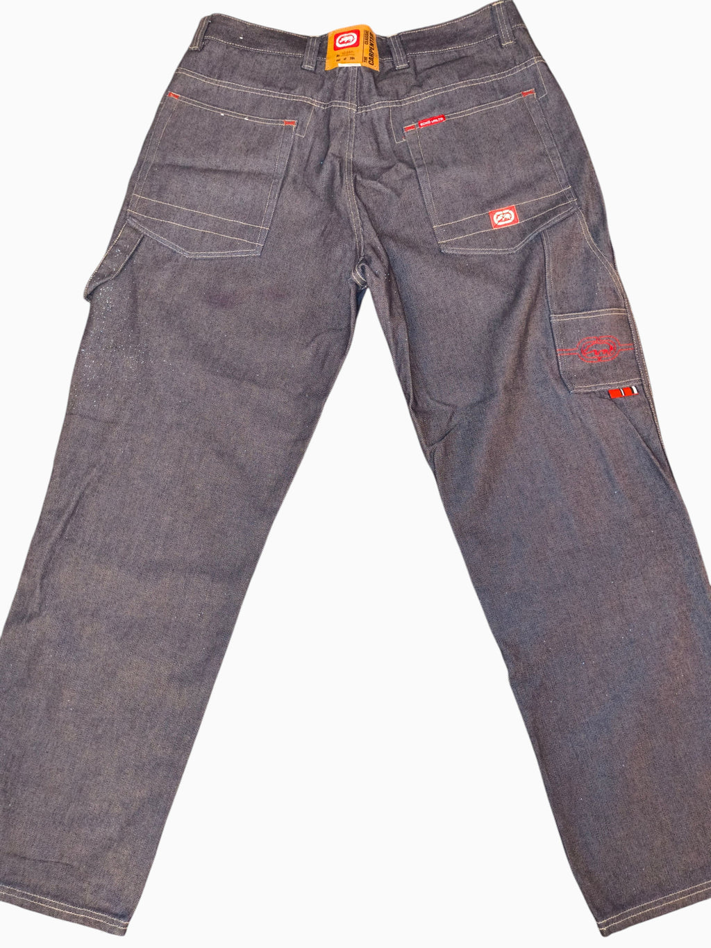 Awsum Thrift vintage Marc Ecko dark indigo denim carpenter jeans with red contrast stitching and embroidered logo