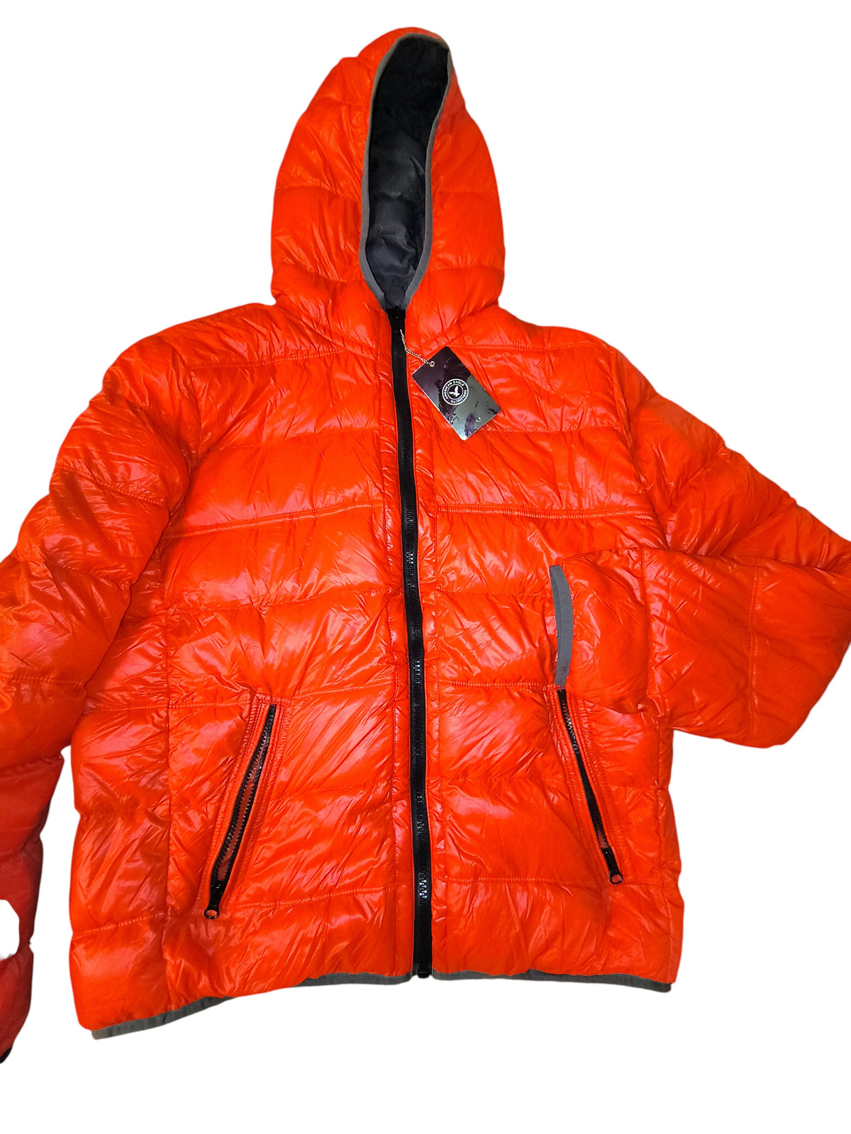 Awsum Thrift American Eagle Outfitters neon orange hooded puffer jacket with down insulation and zippered pockets