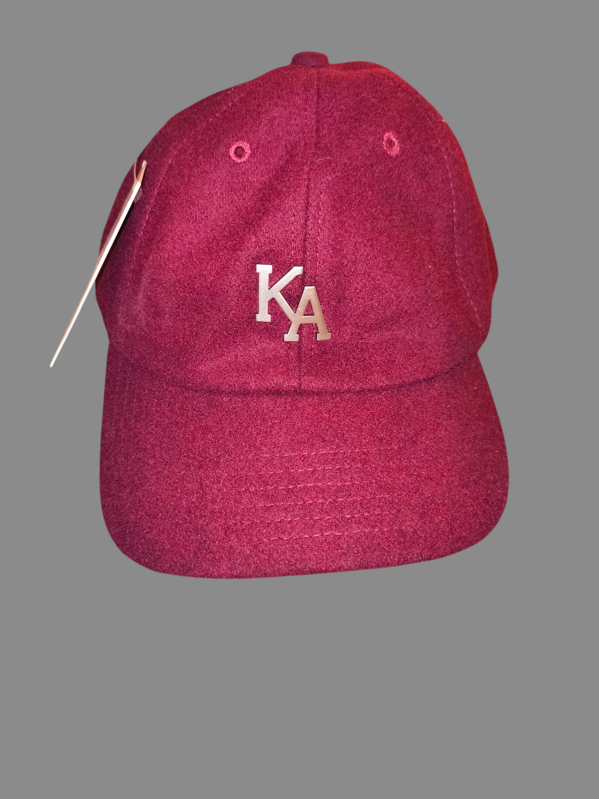 Awsum Thrift King Apparel maroon wool dad hat with a gold metal KA monogram logo and curved visor
