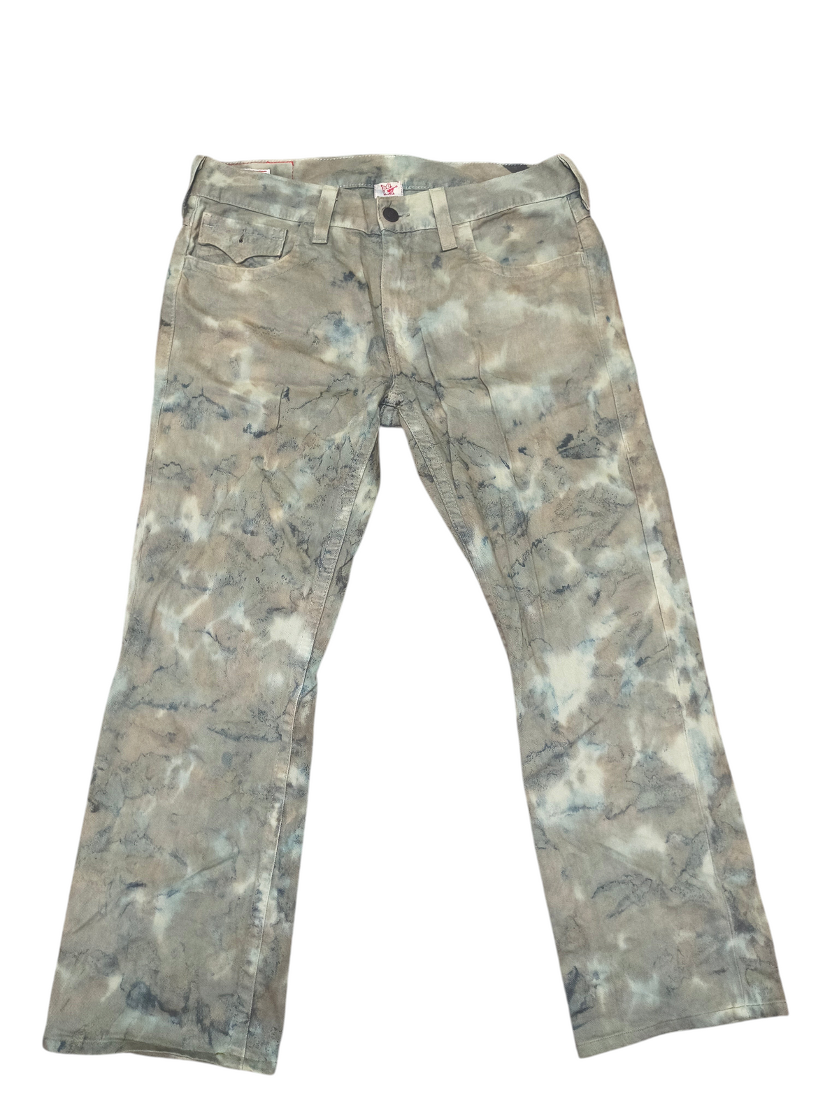 Awsum Thrift True Religion camo print jeans in a faded grey and blue tie-dye wash with a classic five-pocket design.