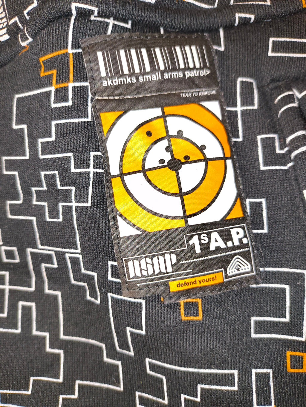 Awsum Thrift vintage Akademiks Small Arms Patrol fleece jacket featuring a tactical target patch and pixelated pattern.