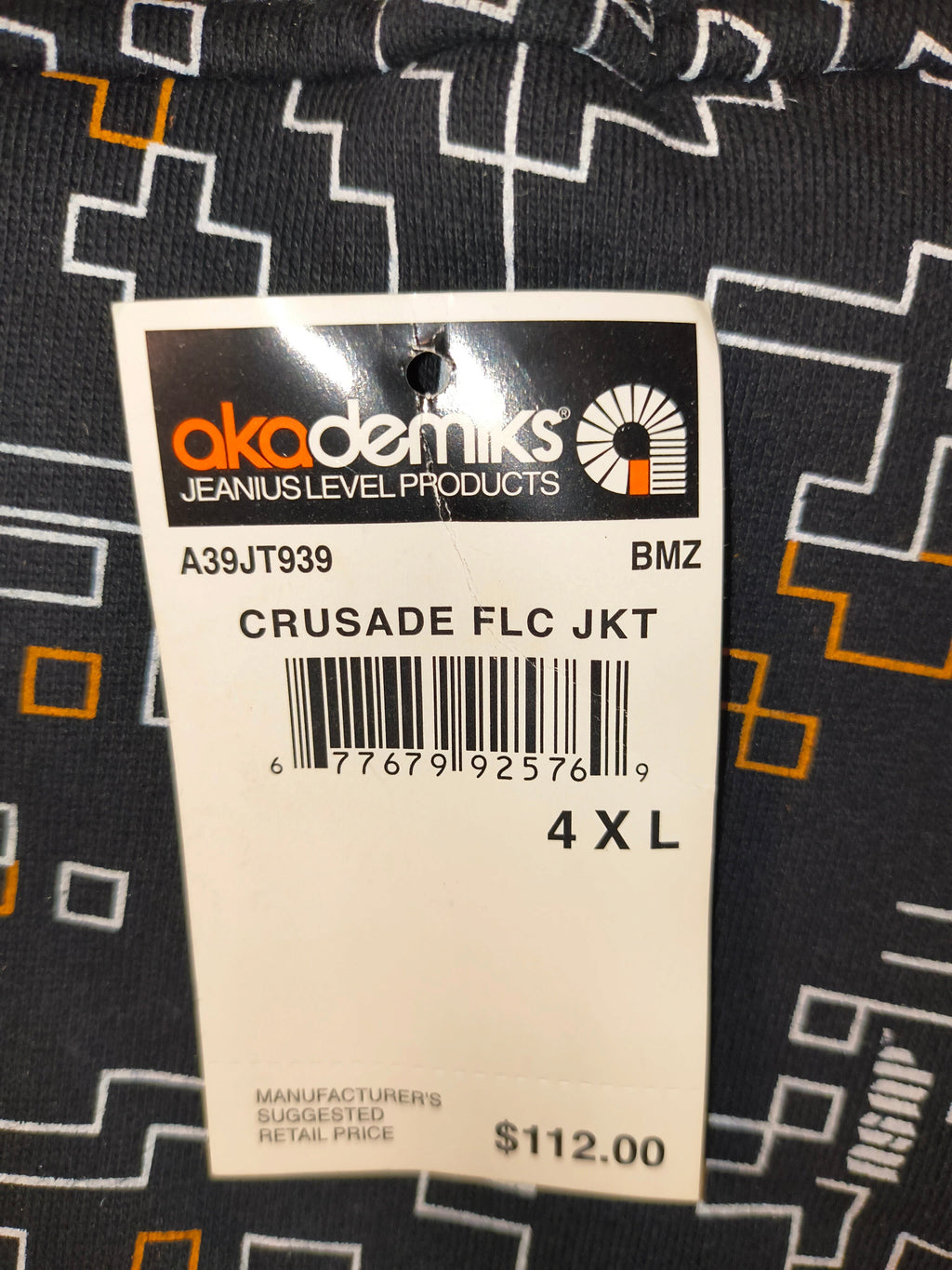 Awsum Thrift vintage Akademiks Crusade fleece jacket retail price tag showing size 4XL and barcode