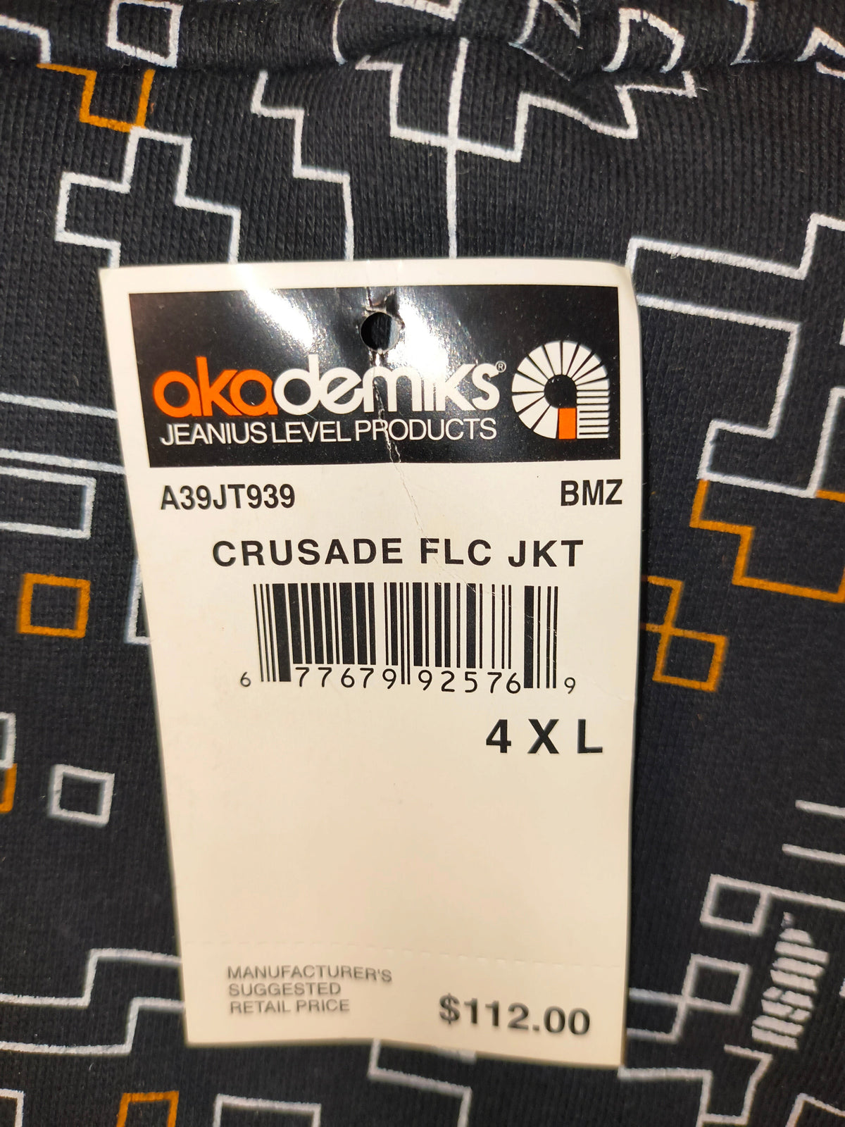 Awsum Thrift vintage Akademiks Crusade fleece jacket retail price tag showing size 4XL and barcode