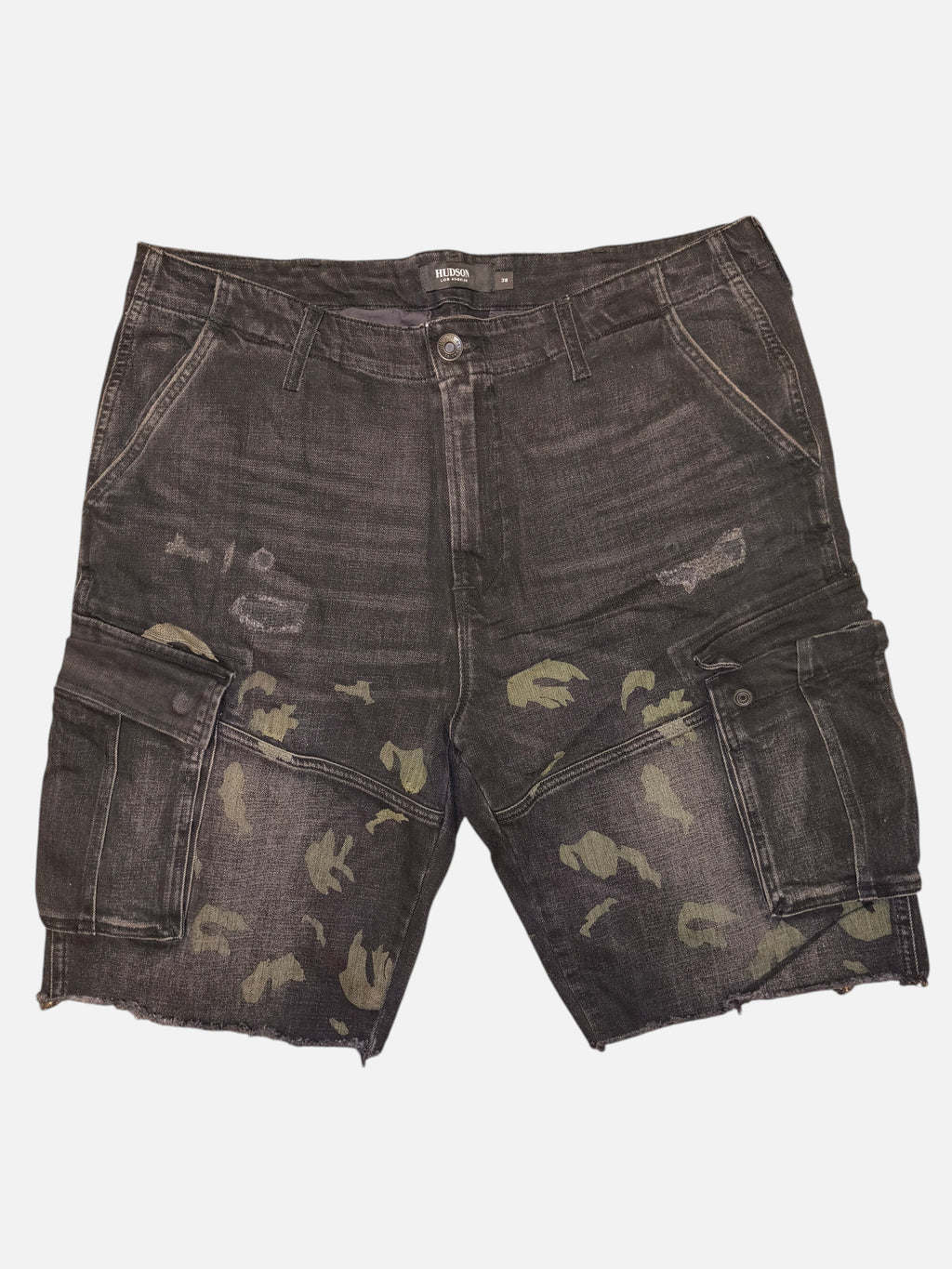 Awsum Thrift Hudson black denim cargo shorts with distressed camo print details and raw hem edges.