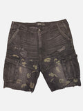 Awsum Thrift Hudson black denim cargo shorts with distressed camo print details and raw hem edges.