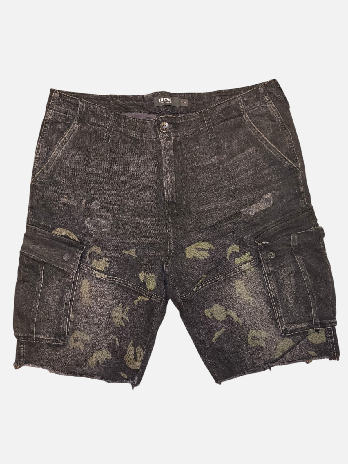 Awsum Thrift Hudson black denim cargo shorts with distressed camo print details and raw hem edges.