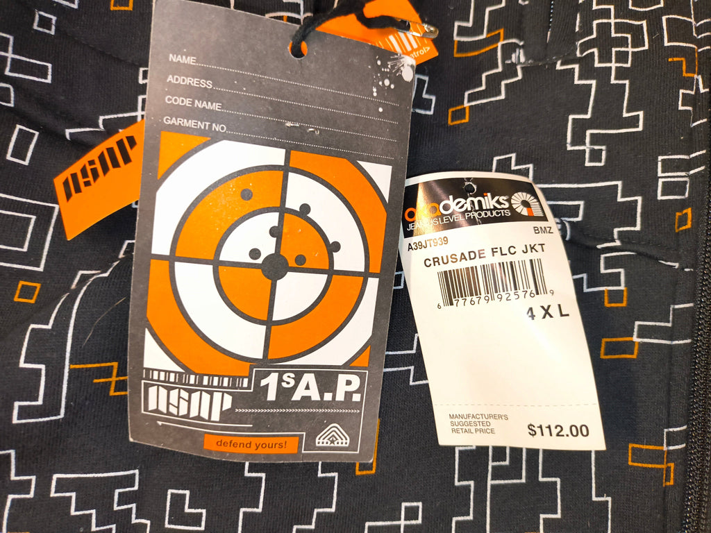 Awsum Thrift vintage Akademiks Small Arms Patrol retail hang tags with target graphic and 4XL size information