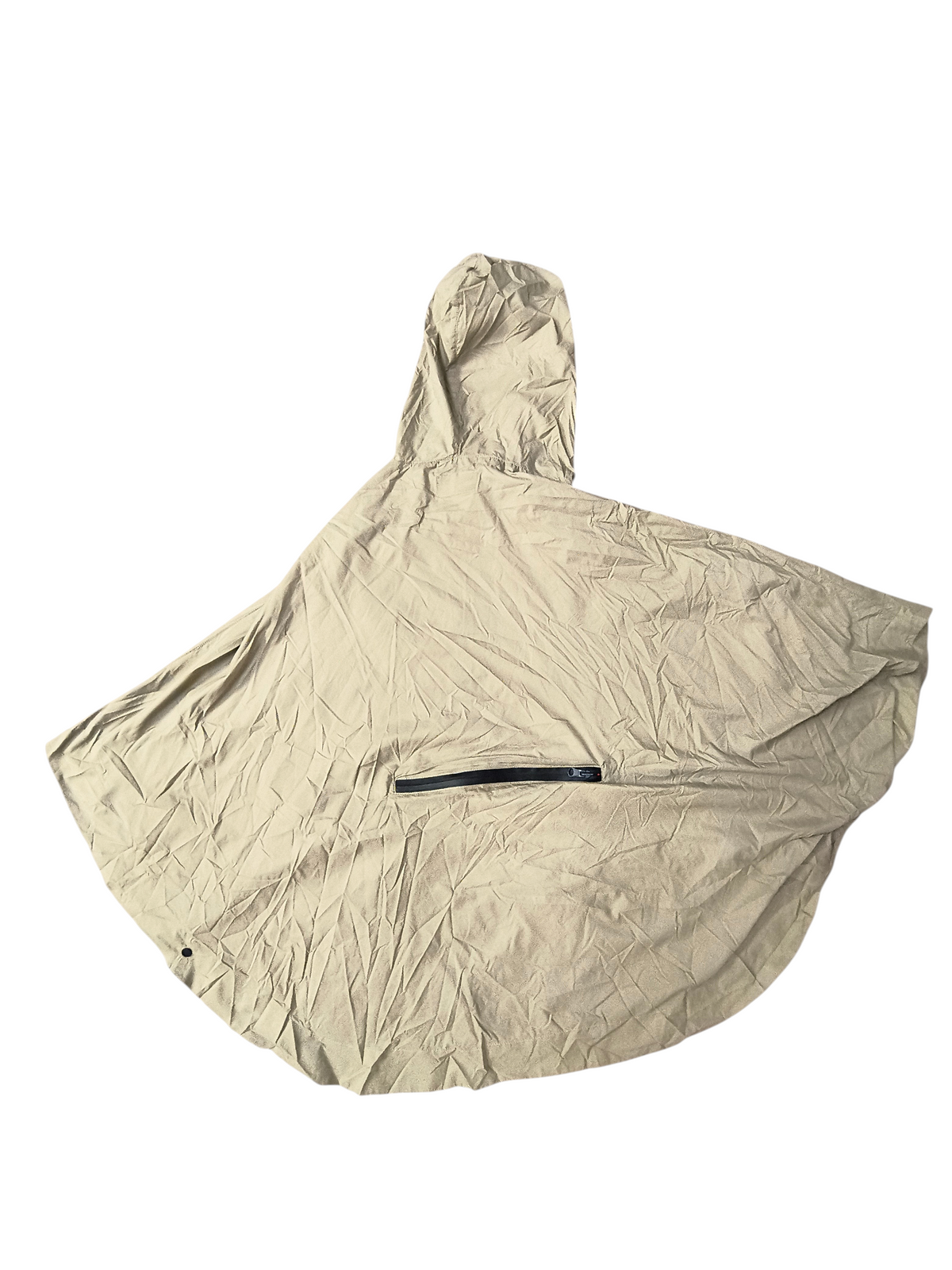 Awsum Thrift All Good khaki tan waterproof hooded rain poncho with a zippered chest pocket and side snap buttons.
