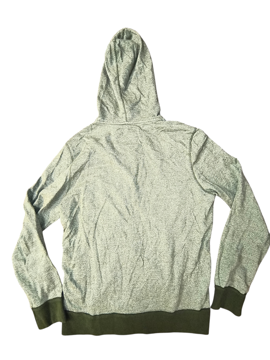 Back view of Awsum Thrift olive green heather fleece full-zip hoodie with ribbed cuffs and hem