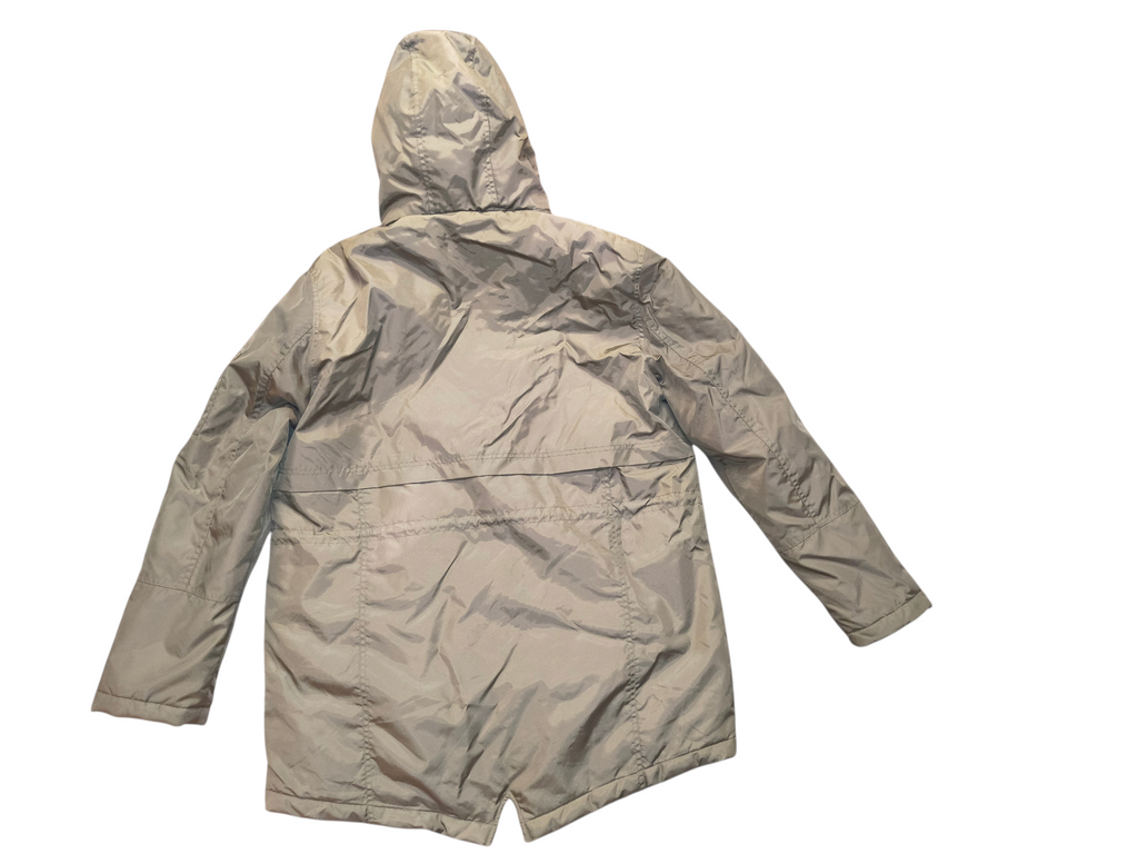 Awsum Thrift Adam Levine green hooded utility coat with a lightweight nylon finish and back view.