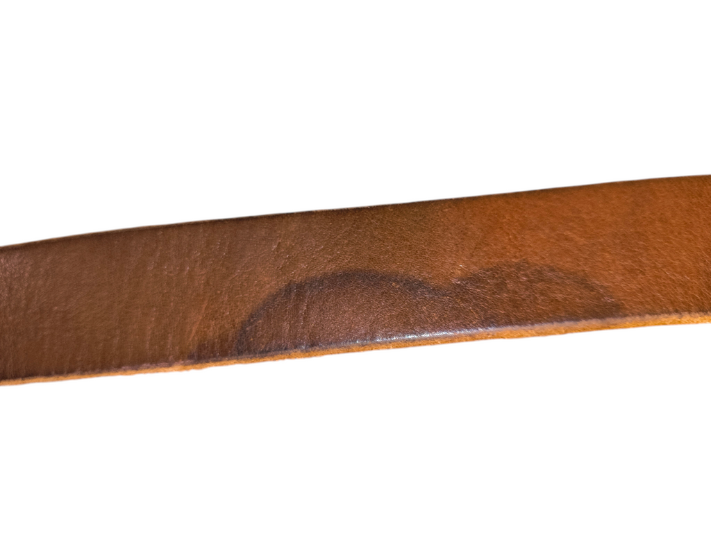 Awsum Thrift vintage Eddie Bauer dark brown Italian leather belt strap showing natural patina and surface wear