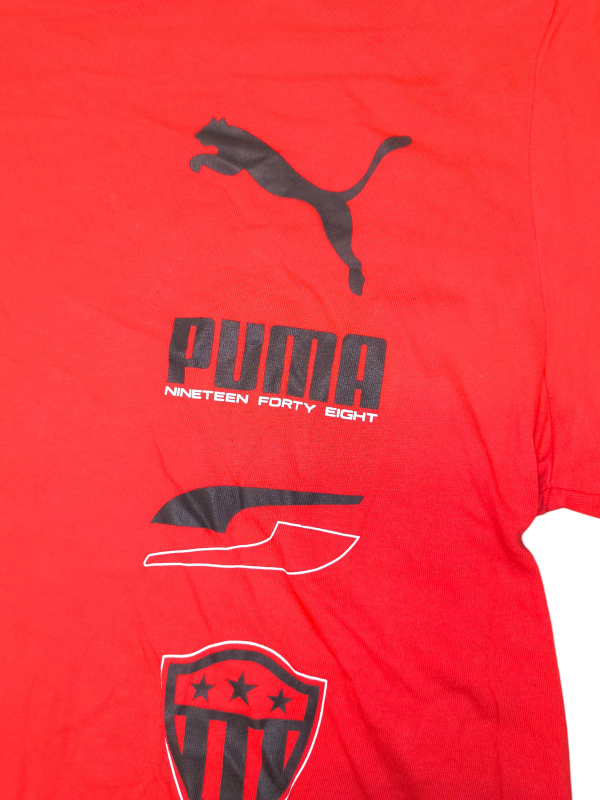Awsum Thrift red Puma graphic t-shirt with black logo and nineteen forty eight text print