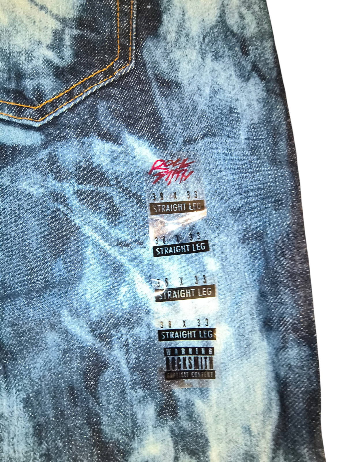 Awsum Thrift Rocksmith NYC straight leg jeans with dark indigo and bleached tie-dye cloud wash and retail tags