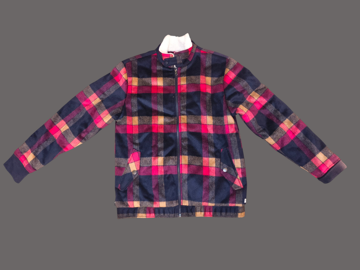 Awsum Thrift The One Hundred Jacket in a red, navy, and tan plaid pattern with a warm white sherpa-lined collar.