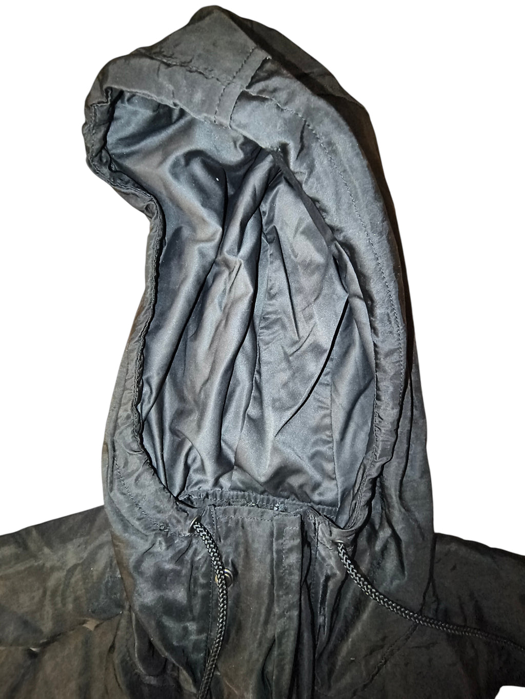 Awsum Thrift Publish Brand matte black hooded parka jacket with adjustable paracord drawstring