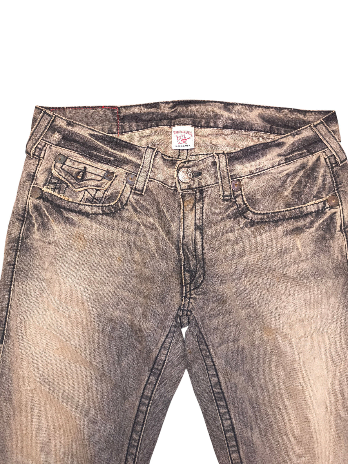Awsum Thrift True Religion bell bottom jeans in a distressed grey wash with signature pocket stitching