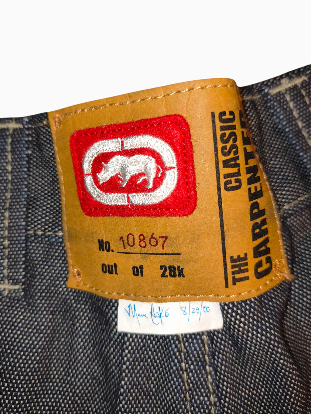 Awsum Thrift vintage Marc Ecko limited edition jeans leather waist patch with red rhino logo and serial number