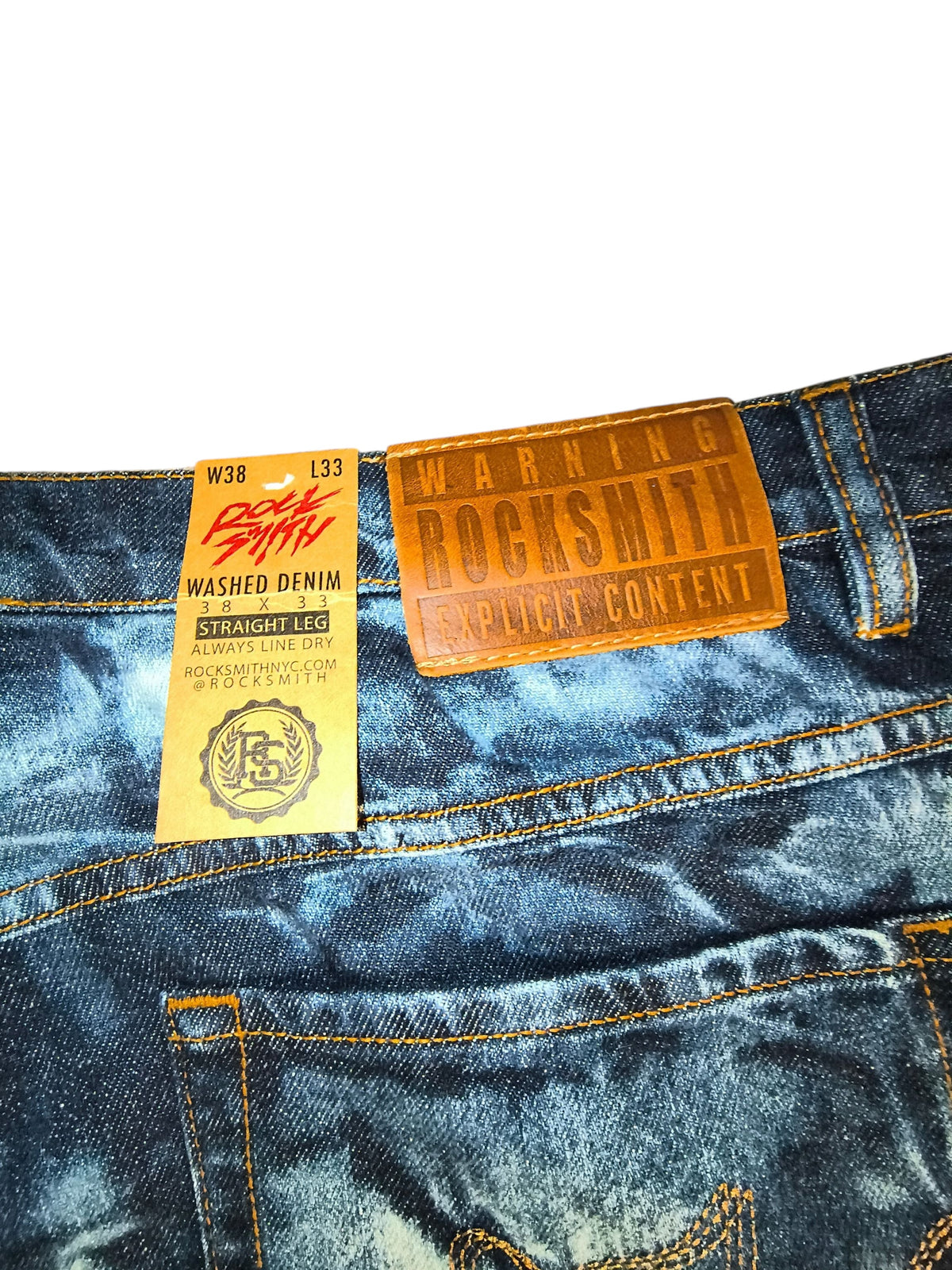 Awsum Thrift Rocksmith NYC straight jeans featuring a dark indigo bleached tie-dye wash and leather waist patch.