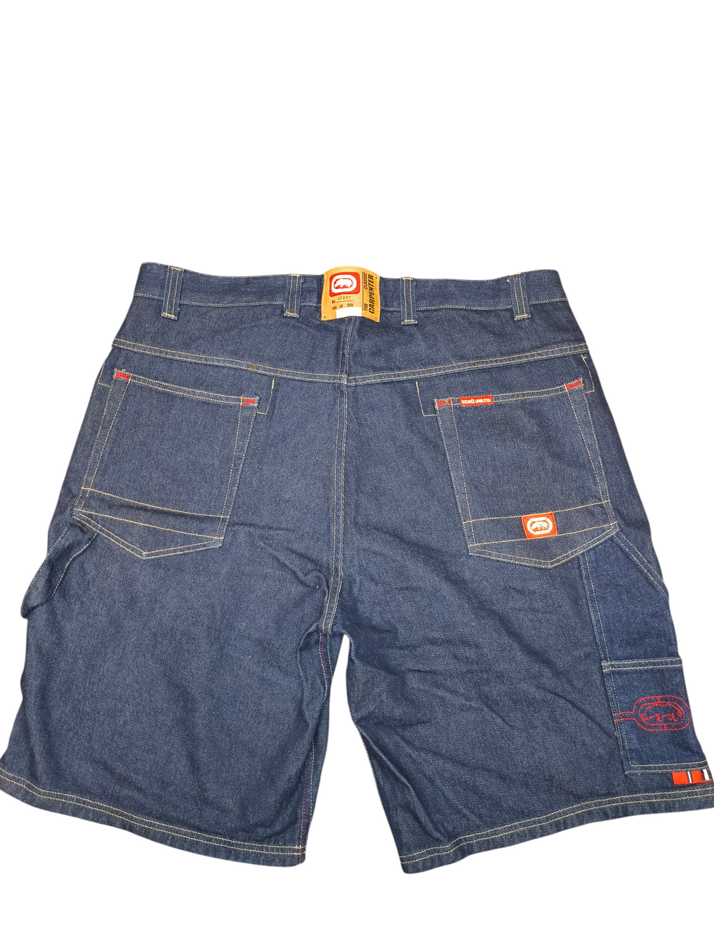 Awsum Thrift Ecko dark wash denim carpenter shorts with red stitching and logo embroidery on the back pockets