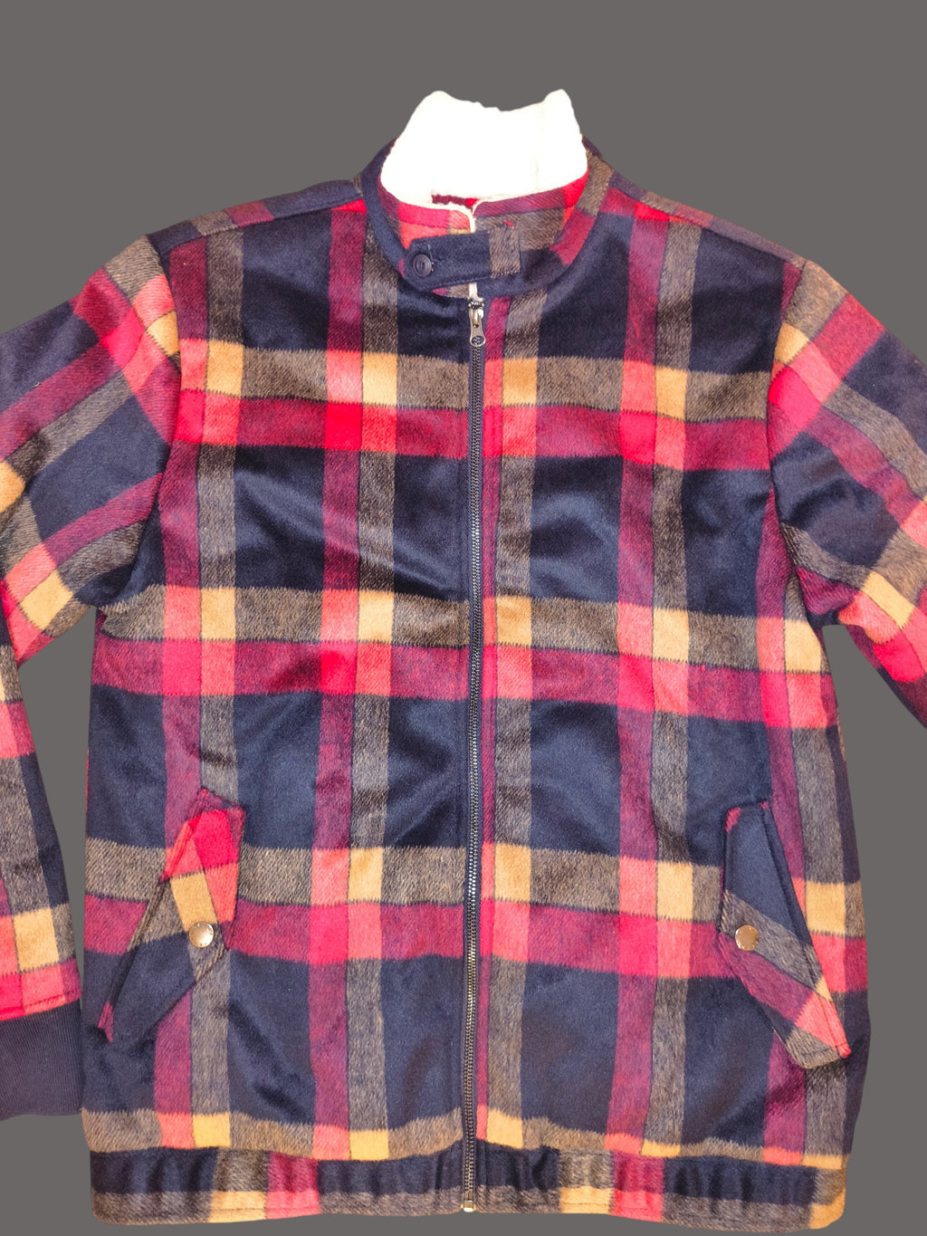 Awsum Thrift The One Hundred Jacket featuring a red, navy, and tan plaid pattern with a full zip and snap pockets.