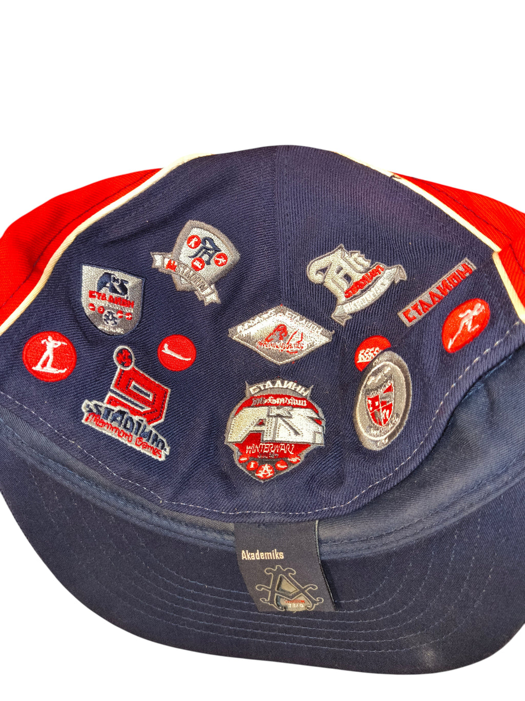 Awsum Thrift vintage Akademiks Stadium Games Winterwarz fitted hat with navy and red panels and embroidered patches