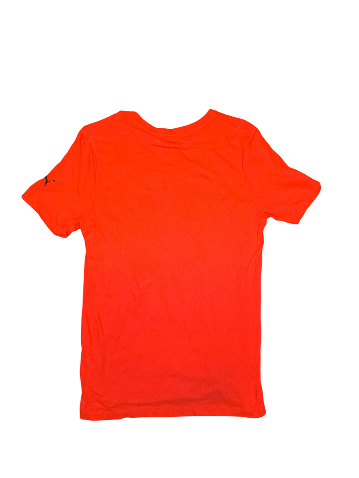 Back view of a bright orange Puma Tee from Awsum Thrift featuring a small black logo on the right sleeve
