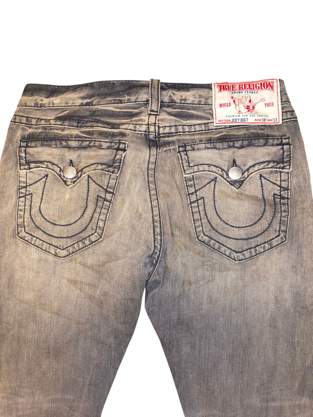 Awsum Thrift True Religion Joey Big T bell bottom jeans in a faded grey wash with signature back pocket stitching.