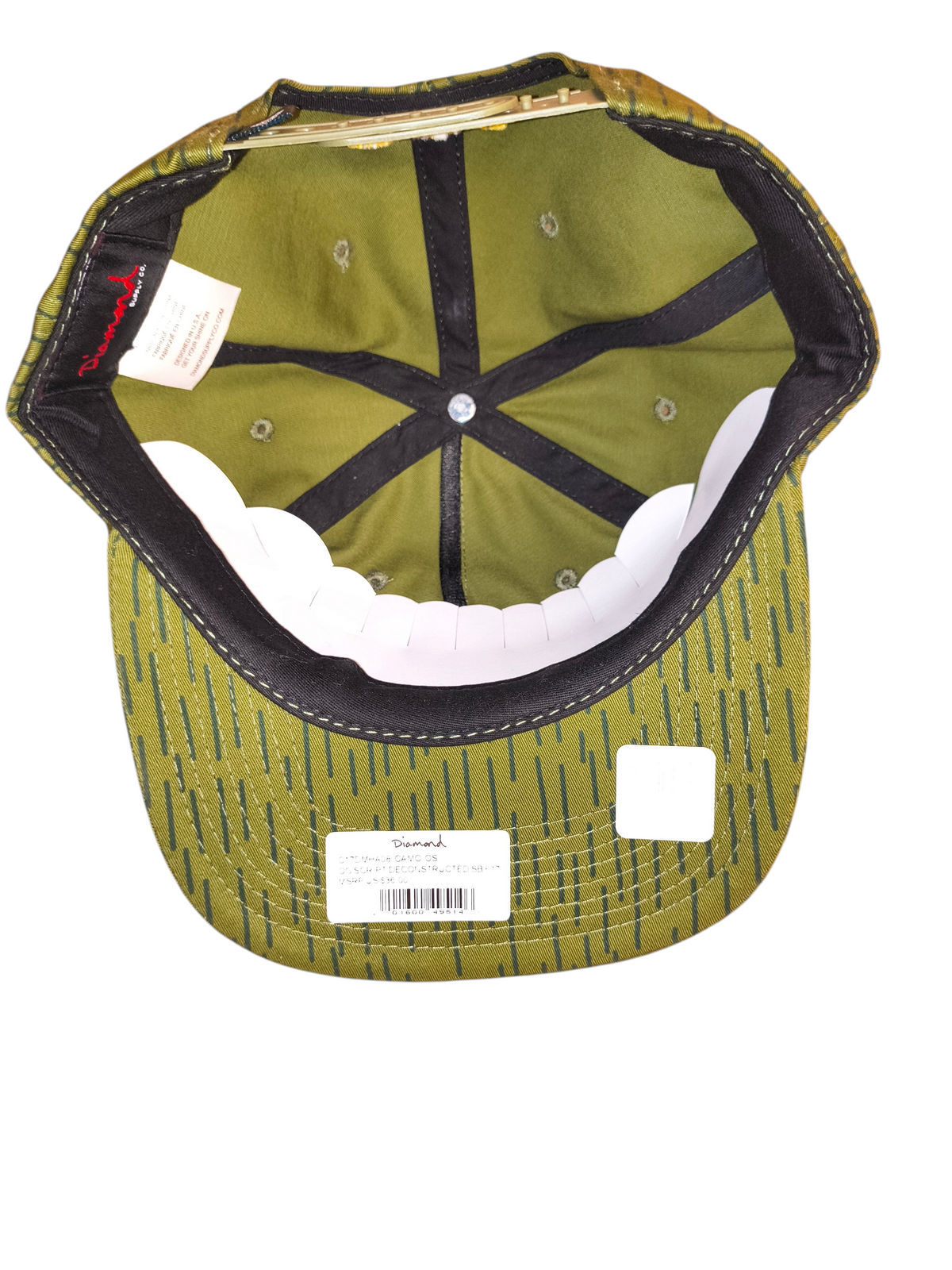Awsum Thrift Diamond Supply Co. olive green rain camo snapback hat with interior view and retail tags
