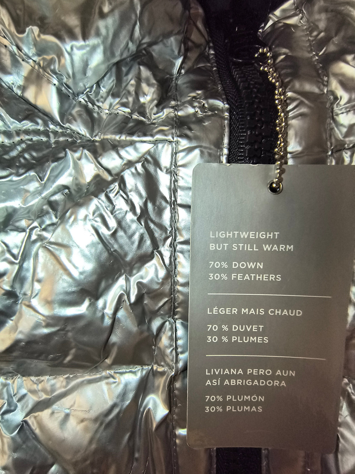 Awsum Thrift American Eagle metallic silver foil puffer jacket with down and feather fill tag