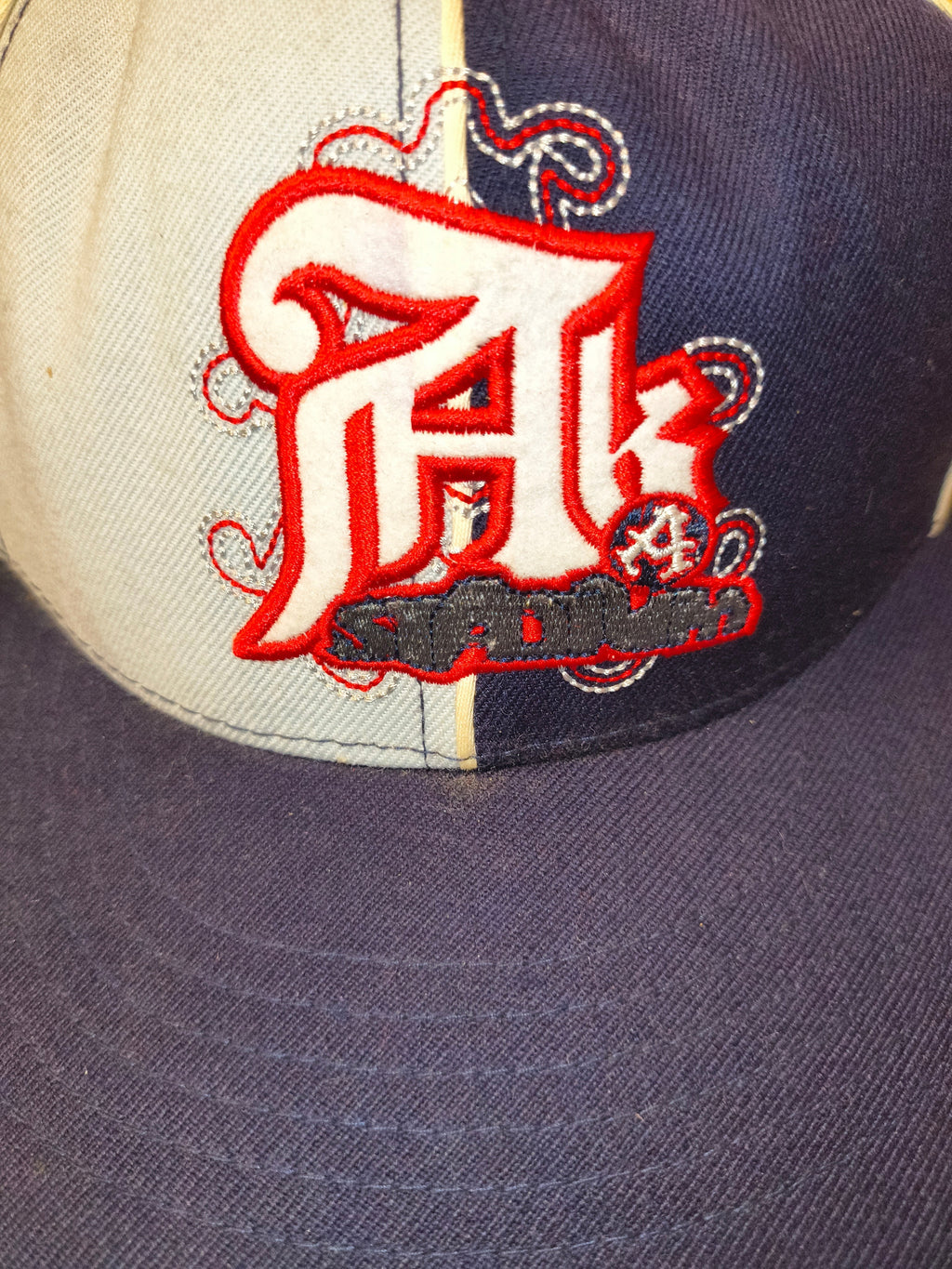 Awsum Thrift vintage Akademiks Stadium fitted hat featuring a navy and grey two-tone crown with embroidered logo