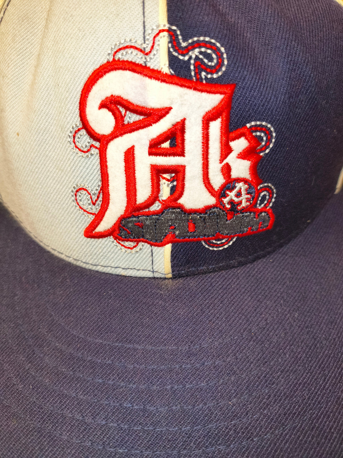 Awsum Thrift vintage Akademiks Stadium fitted hat featuring a navy and grey two-tone crown with embroidered logo