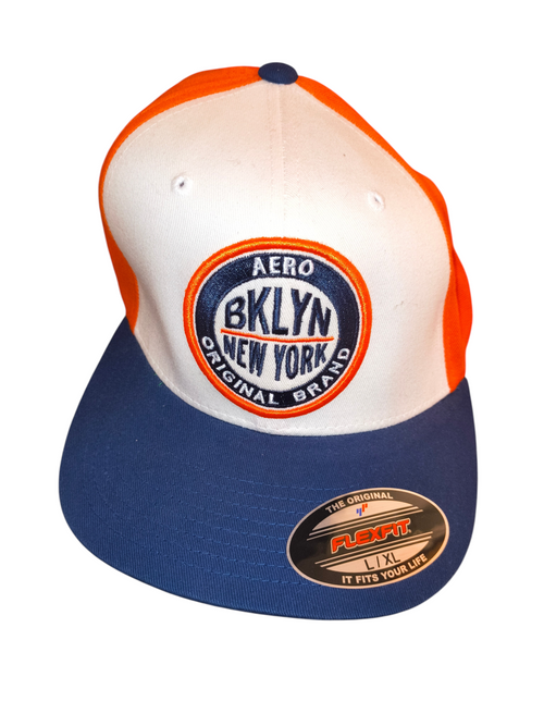 Awsum Thrift Aéropostale Aero BKLYN New York Flexfit hat with white front, orange back, and navy flat visor.
