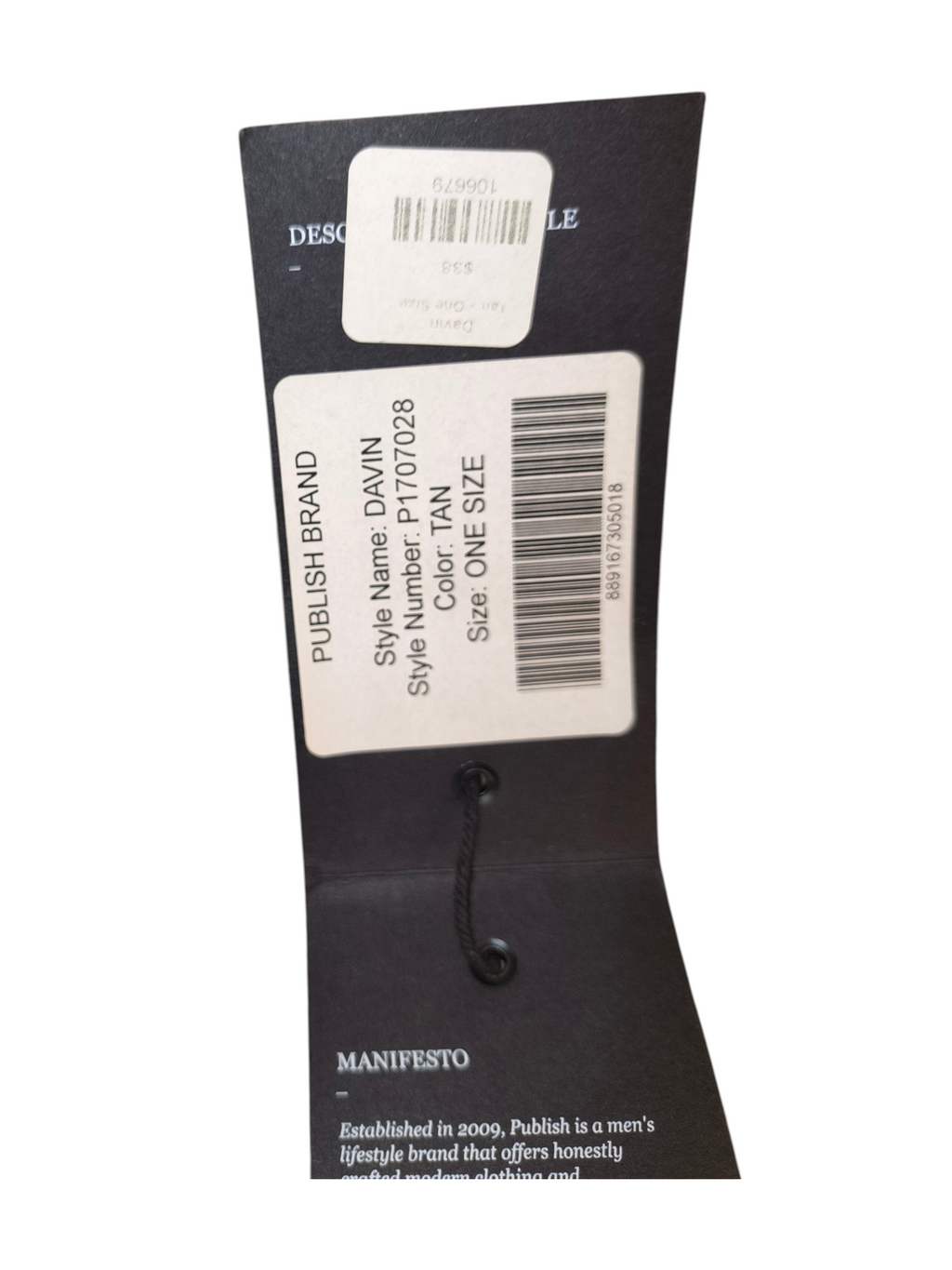 Awsum Thrift Publish Brand Davin hat retail tag showing style name, tan color, and barcode details.