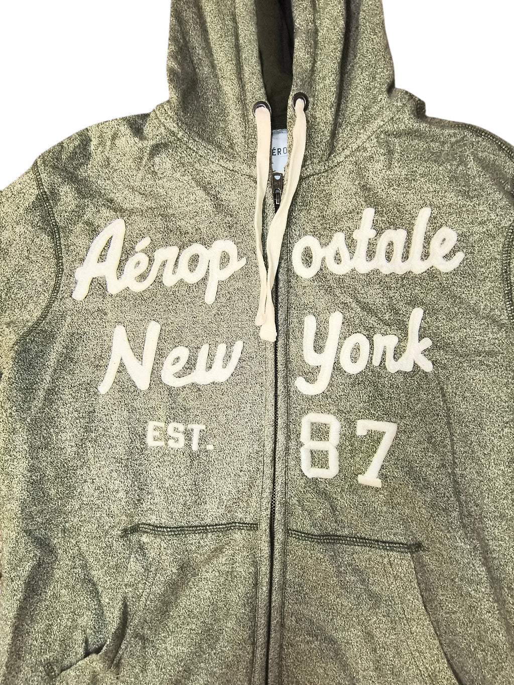 Awsum Thrift olive green heather fleece zip-up hoodie with cream Aéropostale New York Est 87 collegiate lettering