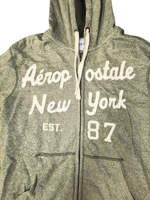 Awsum Thrift olive green heather fleece zip-up hoodie with cream Aéropostale New York Est 87 collegiate lettering