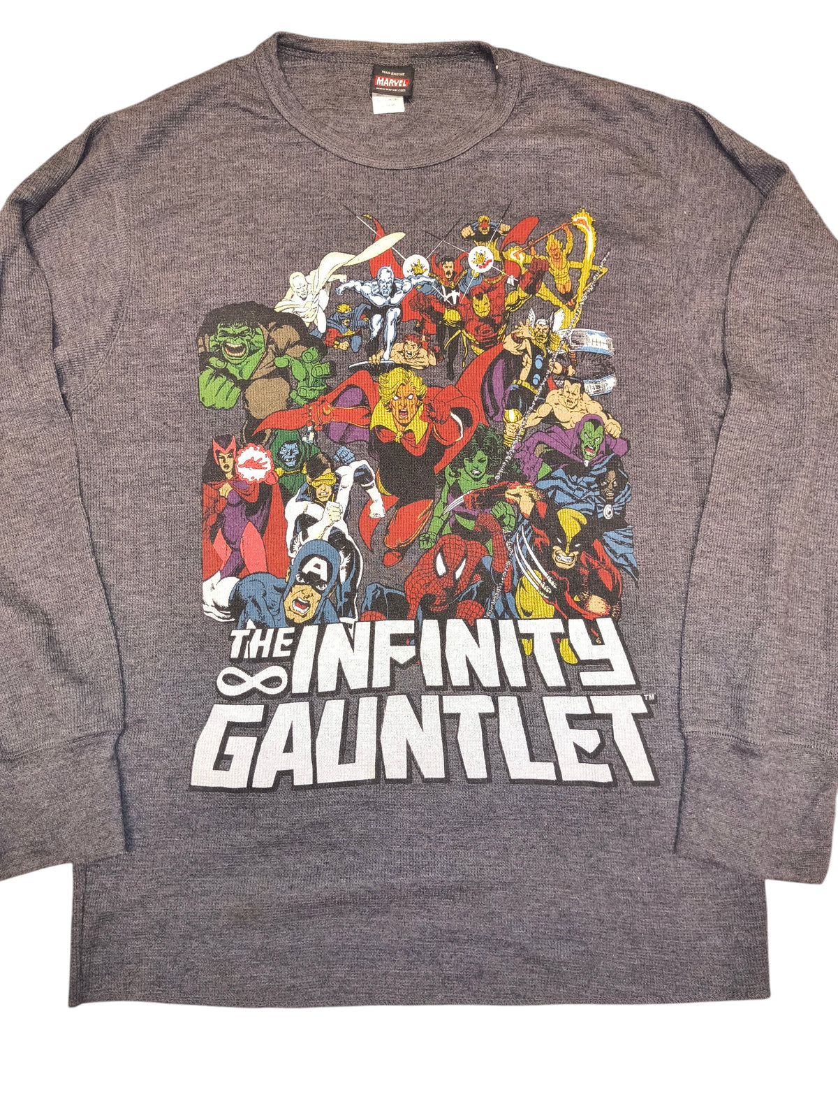 Awsum Thrift grey long sleeve thermal shirt featuring a vintage Marvel The Infinity Gauntlet comic book graphic print.